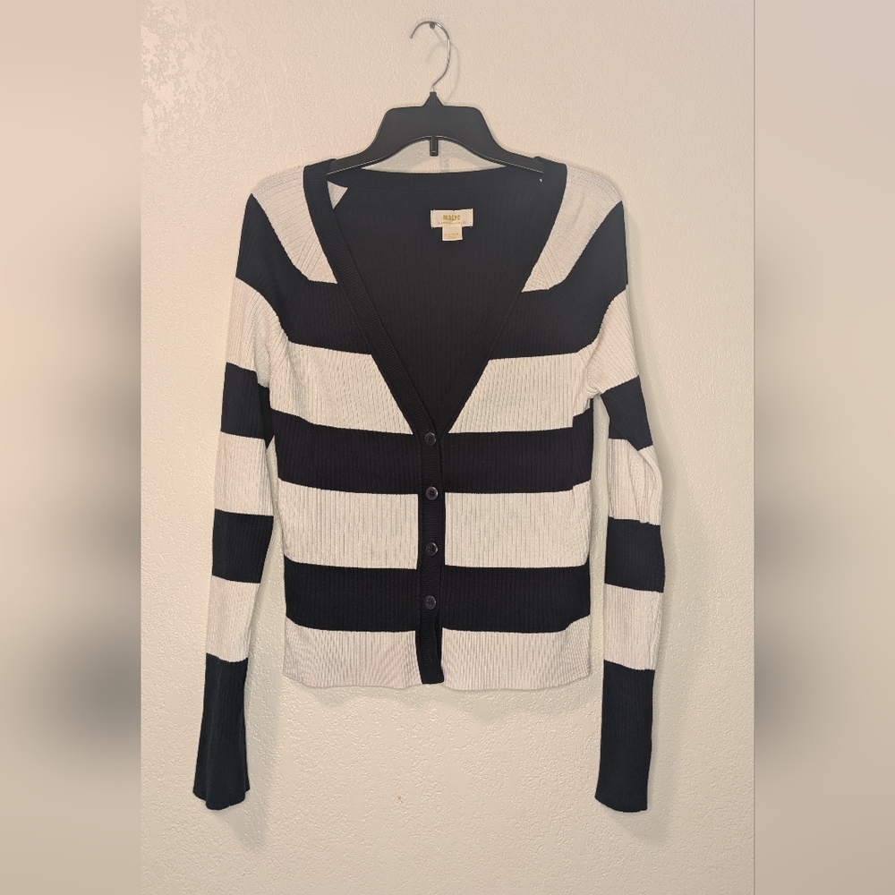 Maeve Anthropologie Striped Slim Rib Navy and White  Cardigan - Picture 5 of 9